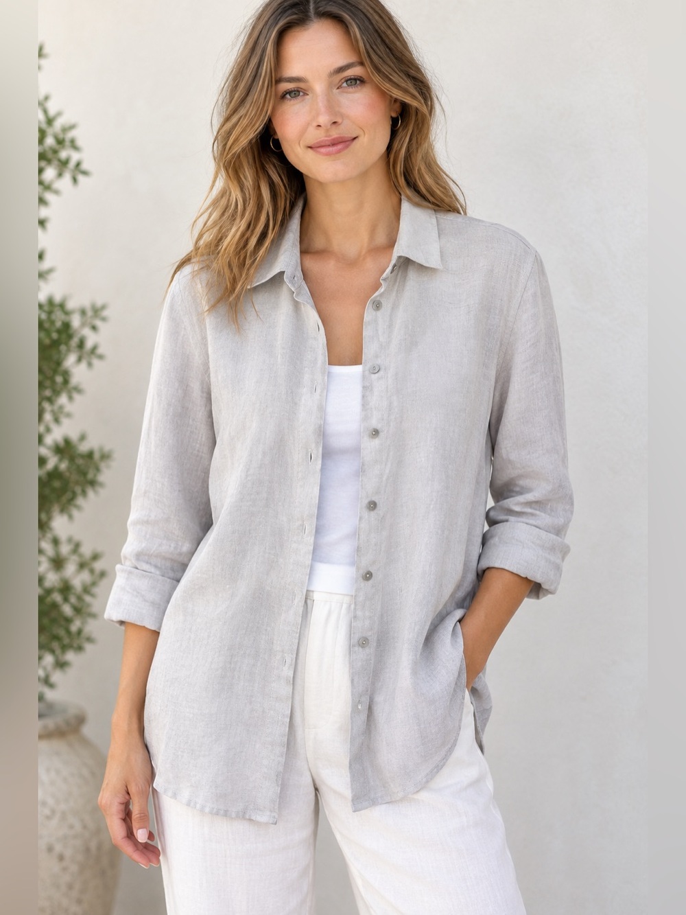 Soft Surroundings Linen Button Down Shirt Light Beige/Cream Oversized